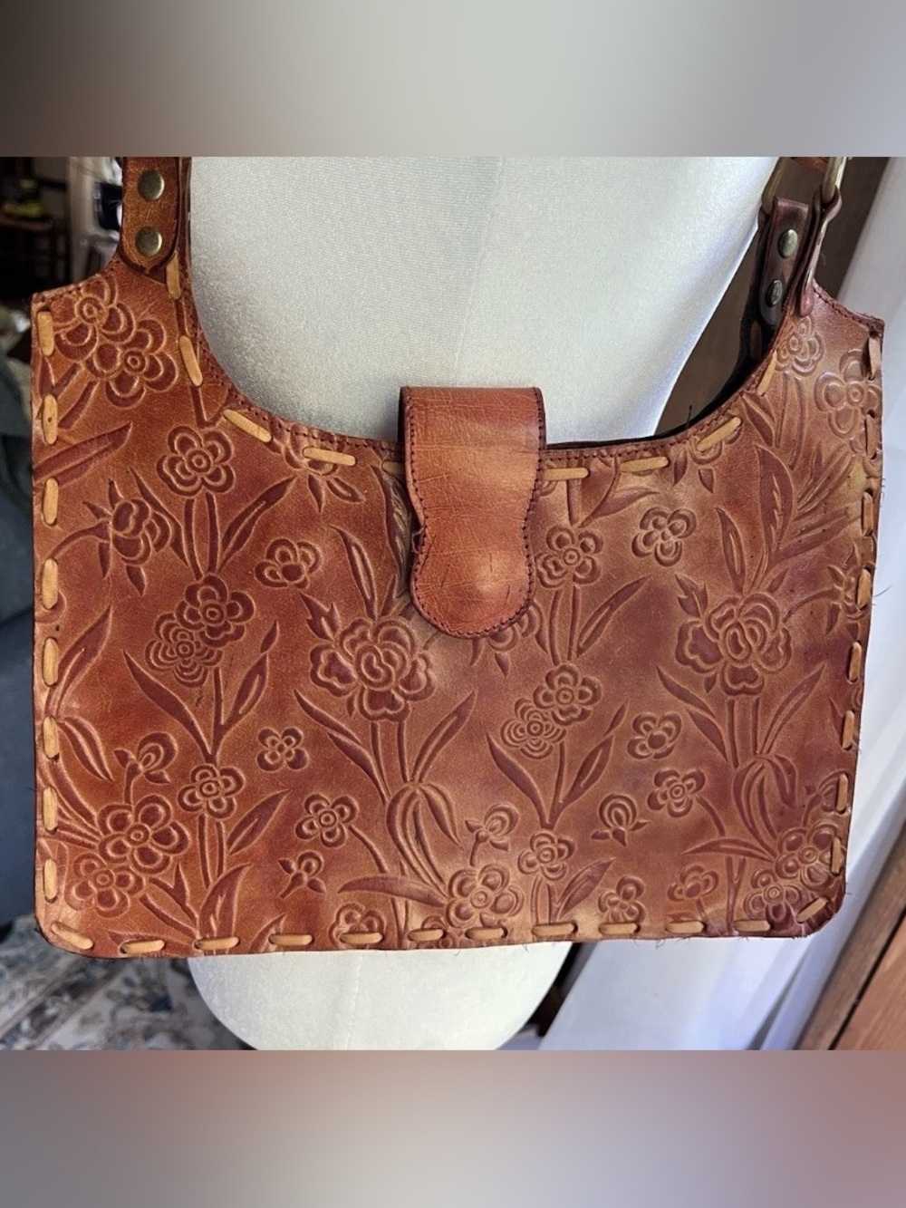 Vintage Hand Tooled Leather Women's Tote Bag Shoulder Bag
